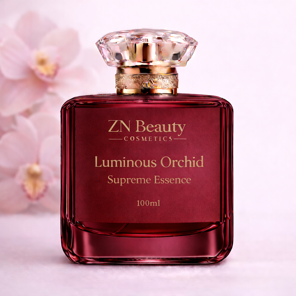 RedZN Beauty Luminous Orchid Supreme Essence bottle with floral background